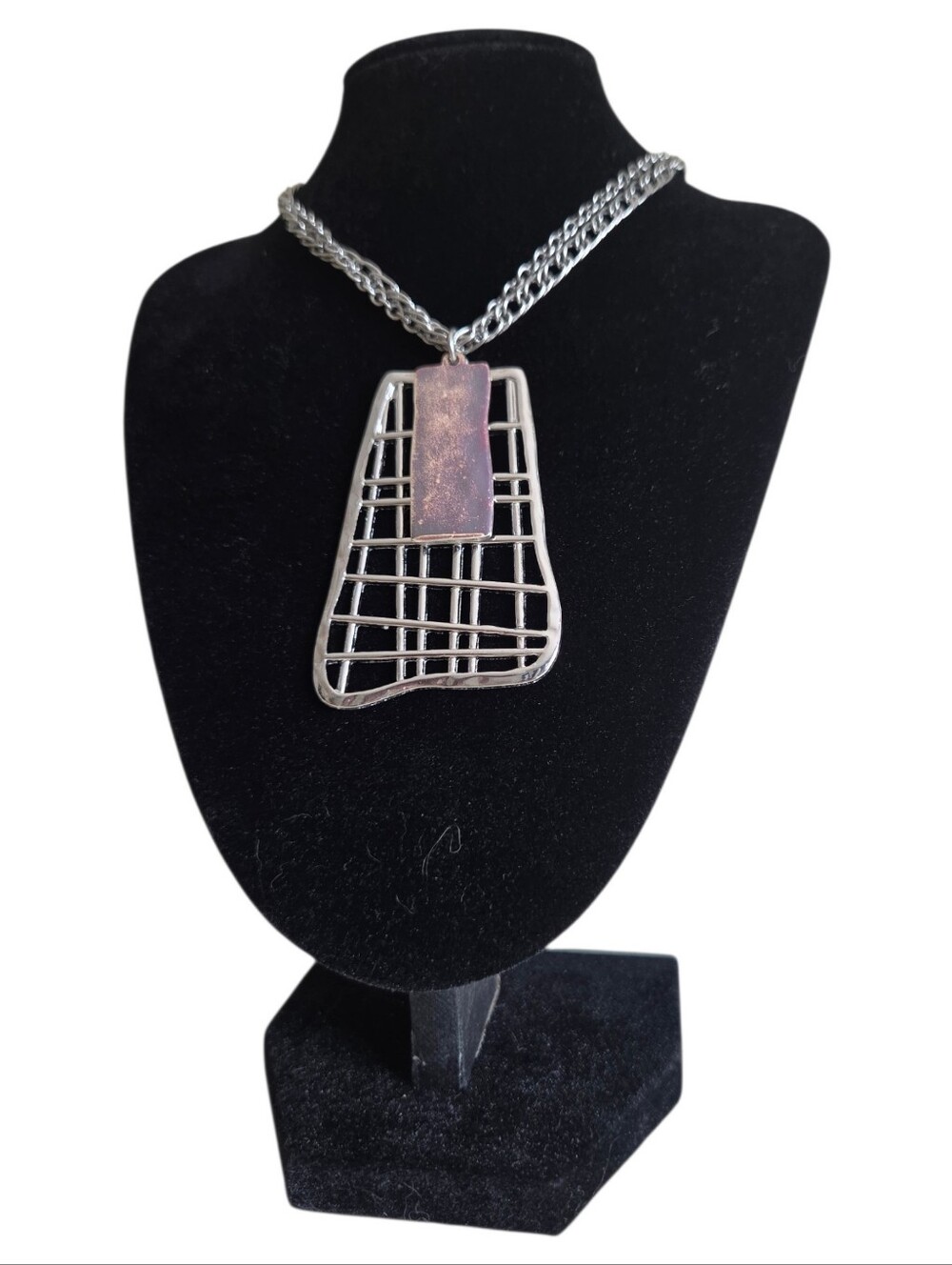 chicos modernist grid pendant necklace silver rose copper open cage layered 24"